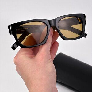 Saint Laurent SL402 010 Rectangle Sunglasses – Black Frame with Yellow Lenses